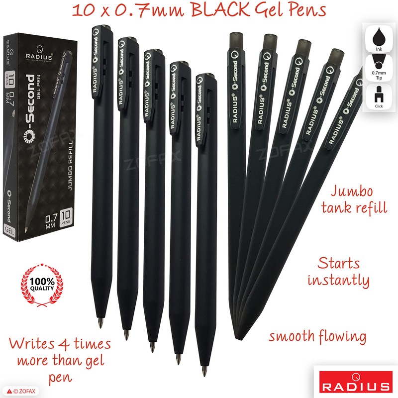 RADIUS O-Second Gel Pens, BLACK, 0.7mm Fine Point, Pack of