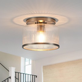 Zlepmlla Glass Ceiling Light, Clear Ribbed Glass Ceiling Light Fixture with Nickel Metal Frame, Modern Semi Flush Mount Ceiling Light for Hallway,Entryway, Bedroom, Bathroom, Kitchen