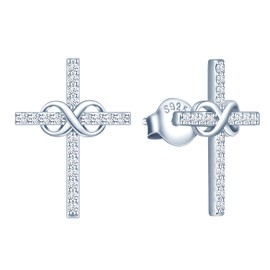 MicLee Woman's girl's Earrings Studs, 925 Sterling silver Cross earrings, cross infinity symbol earrings studs, Inlaid zircon, silver