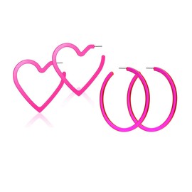 70mm Hot Pink Heart Big Hoop Earring Acrylic Open Large Hoop Earrings C Shape Trendy Earrings Lightweight Statement Ear Jewelry Earring For Women-2 Pairs