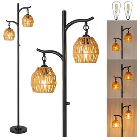 9MMML Rattan Floor Lamp for Living Room, Boho Floor Lamp with 2 Hanging Rattan Lamp Shade, 67'' Farmhouse Dimmable Black Standing Lamp with Rotary Switch for Bedroom, 2 x 800LM LED Bulbs Included