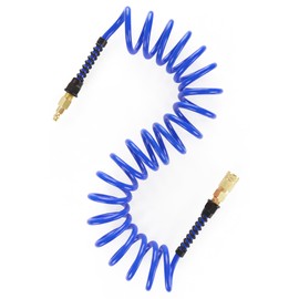 Keepro Polyurethane Recoil Air Hose, 1/4 Inch ID By 10 Feet Long Air Compressor Hose with Repairable Solid Brass 1/4" Industrial Quick Coupler and Plug, 145 PSI Maximum Pressure, Blue