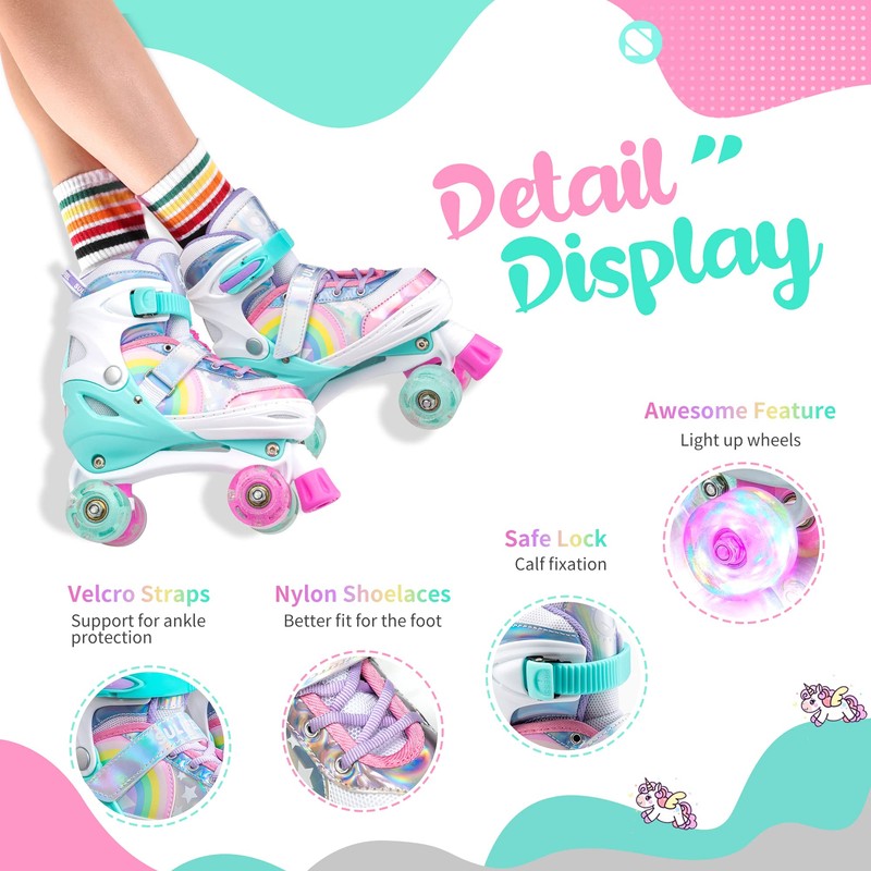SULIFEEL Rainbow Unicorn 4 Size Adjustable Light up Roller Skates