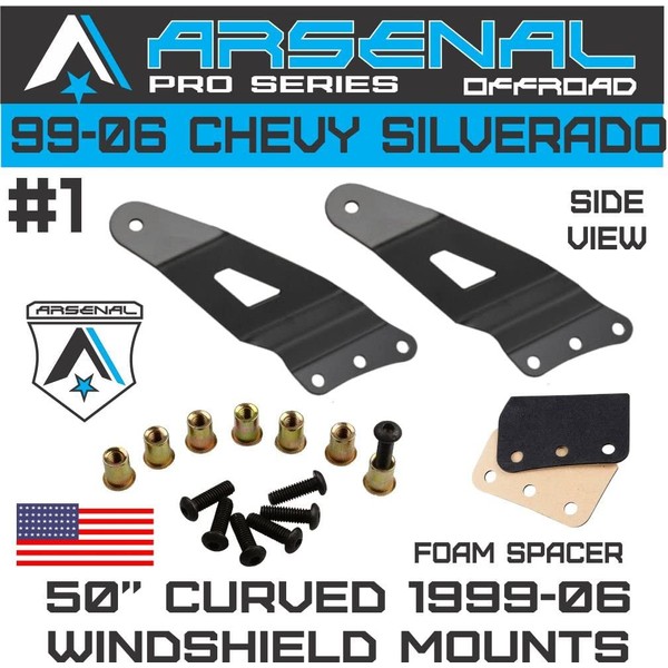 No.1 1999-2006 Chev Silverado & Sierra 50” Curved LED Light Bar Arsenal Windshield Brackets Also fits: GM SUV Avalanche Suburban Tahoe Yukon