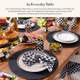 MACKENZIE-CHILDS Set of 4 Everyday Lunch Plates, Microwave-Safe and Dishwasher-Safe Stoneware Plates, Black-and-White Courtly Check