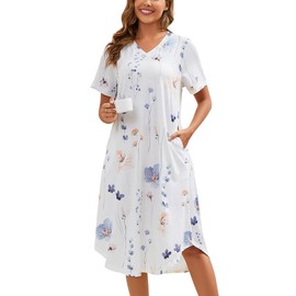 Kabento Nightgowns for Women Cotton Short Sleeve Long Night Gowns with Pockets, White Blue Floral, XX-Large