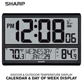 SHARP Atomic Clock - Never Needs Setting! –Easy to Read Numbers - Indoor/Outdoor Temperature, Wireless Outdoor Sensor - Battery Powered - Easy Set-Up!! (4" Numbers)