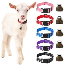 5 Pack Reflective Goat Collars with Bells, Adjustable Nylon Collar Set and Horse Sheep Grazing Copper Bells Pet Anti-Lost Loud Bronze Bell for Small Farm Animal Goat Sheep Cow Accessories
