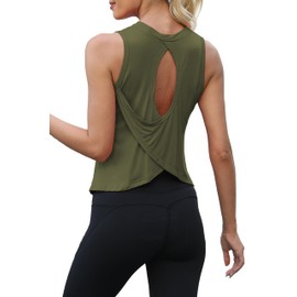 Bestisun Open Back Workout Gym Shirts Women Cute Backless Yoga Athletic Tanks Sleeveless Sports Dance Clothing Army Green XL