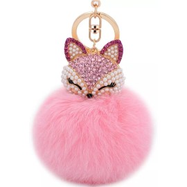 Adorable Kitty CAT Pink PUFF Rhinestone PURSE CHARM Clip On KEY RING Key Chain