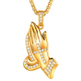 U7 Hip Hop Tennis Necklace 18K Gold Plated CZ Inlaid Iced Out Praying Hands Pendant Necklace for Men