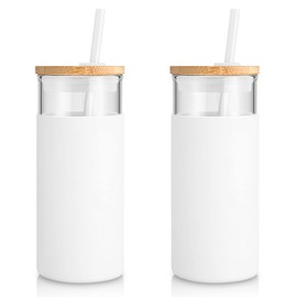 Tronco 20 oz Glass Tumbler with Lid and Straw, Iced Coffee Cup and Smoothie Cup with Bamboo Lids & Protective Silicone Sleeve, Dishwasher Safe, BPA-Free, Glass Cup 2 Pack