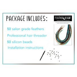 Feather Headz 50 Natural & Turquoise Color Real Rooster Feathers - 9'- 14' Long - DIY Hair Extension Kit - Microlink Installation - 50 Beads - Durable & Lightweight - Straight Hair