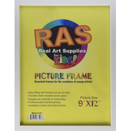 RAS Kids Art Frame - Boxed Style Wide Frame Edge Construction Paper Removable Acrylic Pane Cardboard Backing with Hooks - [White - 9x12"]
