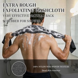Extra Rough Exfoliating Washcloth 35" x 12" – Ultra Long Nylon Back Scrubber for Shower, Deep Cleansing Body Exfoliator, Quick-Dry Loofah Alternative, Super Hard Shower Towel, Black+Gray