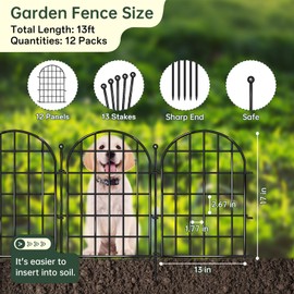 13 ft(L) x 17 in(H) Garden Fence, 12 Panels Arched Rustproof Metal No Dig Fence Garden Fence Border, Decorative Animal Barrier Fence with Ground Stake for Dog, Rabbit, Outdoor Yard Patio Decor