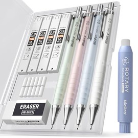 Nicpro Bonito juego de lápices mecánicos, 4 lápices de dibujo pastel de 0.9mm con 4 tubos de recambios de plomo HB, borradores 4B, borrador retráctil 