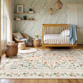 Lahome Floral Washable Area Rugs 8x10, Non-Slip Living Room Carpet Ultra-Thin Soft 8x10 Rugs for Bedroom Nursery, Vintage Botanical Print Carpet for Classroom Kids Room Dining Room, Beige