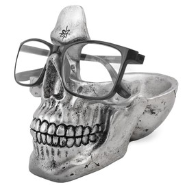 VIPbuy Skull Glasses Holder Stand with Storage Tray, Novelty Eye glasses Holder Rack for Nightstand, Resin Skull Head Sculpture Statue Home Office Desk Decor Gift (Silver)