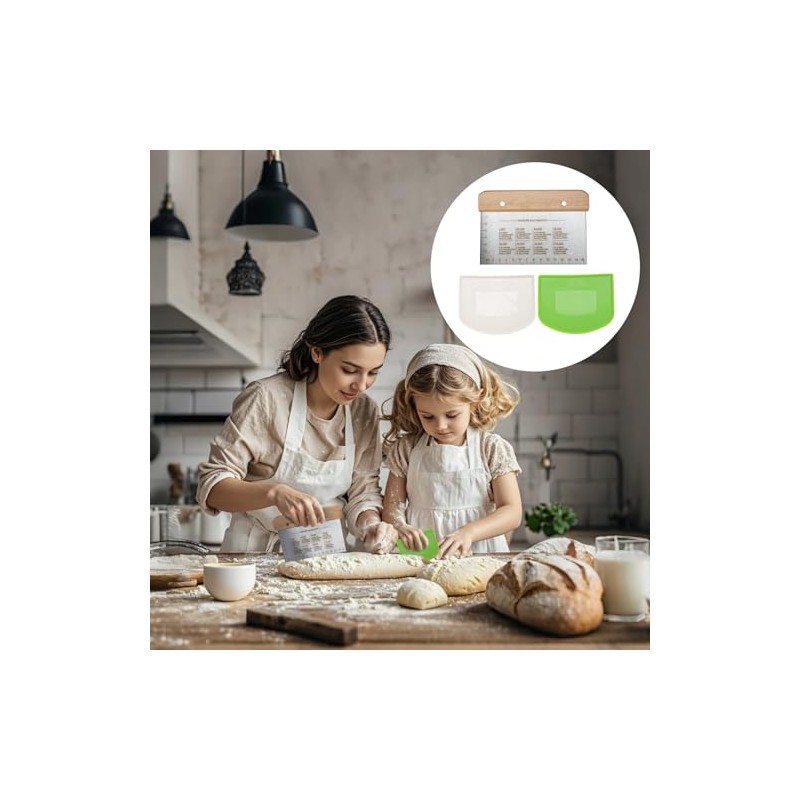 Casoter Professional Dough Scraper Set, 3-Piece, Stainless Steel with Wooden