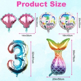 Mermaid Birthday Party Decoration,Mermaid Theme Party Supplies,included Mermaid Tail,Seashell, Large Number Balloons, Cute Colorful Foil Helium Balloons Birthday Decorations for Girls(3)