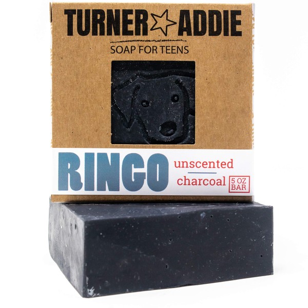 Turner and Addie Ringo (UNSCENTED) Charcoal Face & Body Bar Soap for Teens | For Acne, Zits, Eczema, Blackheads, Oily Skin, Sensitive Skin | Natural Facial Cleanser with Shea Butter