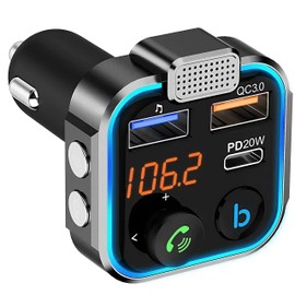 Retoo FM Transmitter Bluetooth 5.0 Auto Radio, Empfänger Adapter, Auto Ladegerät mit Dual USB Aufladung, Freisprecheinrichtung, Typ-C QC 3.0 USB, PD 20W, Schnellladung mit Blauem Umgebungslicht