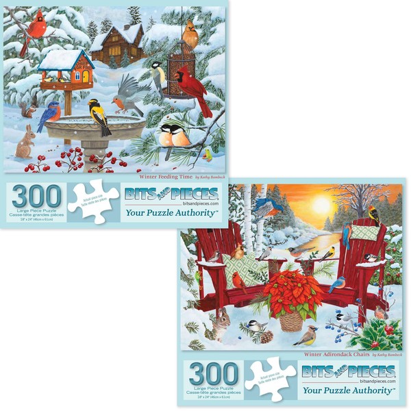 Bits and Pieces - Value Set of Two (2) 300 Piece Jigsaw Puzzles for Adults - Puzzles Measure 18" x 24" - Winter Feeding Time, Winter Adirondack Chairs - Holidays 300pc Jigsaws by Kathy Bambeck