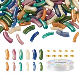 160Pcs Acrylic Bead Acrylic Curved Tube Bead Chunky Tube Noodle Bead Tube Bracelets Beads & Disc Rhinestone Spacer Bead Elastic Crystal Thread for DIY Friendship Bracelet Jewelry Making
