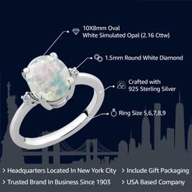 Gem Stone King 925 Sterling Silver Cabochon White Simulated Opal and White Diamond 3-Stone Engagement Ring For Women (2.16 Cttw, Available In Size 5, 6, 7, 8, 9)