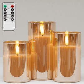 Gold Glass Flickering Flameless Candles with Remote, Battery Operated Candles with Timer, Fake LED Pillar Candles for Home Fireplace Mantle Decor