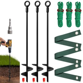 VASGOR Heavy Duty 18” Tree Stakes and Supports for Young Trees, Set of 3 Tree Stake Kit with 3 Straps for Staking and 39 Feet Rope, Can be Used with Drill (Adapter Included) (Black - Set 3)