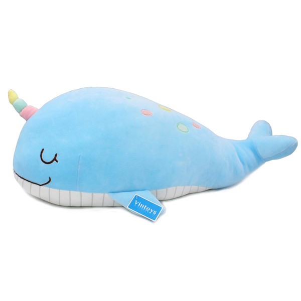 Vintoys Soft Narwhal Unicorn Whale Hugging Pillow Plush Doll Fish Plush Toy Stuffed Animals Blue 21"
