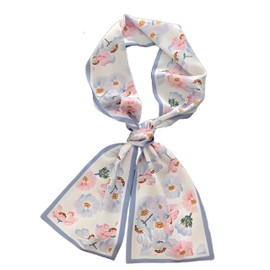 GIMIRO Satin Silk Scarf Double Layers 150 x 16 cm Tie Flowers Waist Belt for Blazer, Coat, Dress, 23# Light Blue/White/Pink Floral