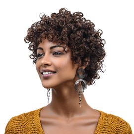 DOcute Pixie Cut Wigs For Black Women Short Cut Dark Brown Curly Wig With Bangs Curly Bob Wig Short Hair For Women Light Brown Pixie Afro Wigs Afro Wig (Black and Brown)