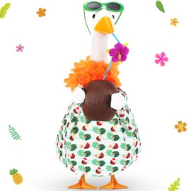 Sunnymove 3 Pcs Summer Porch Goose Outfits Hawaii T-Shirt Wreath and Sunglasses Hawaiian Goose Clothes Costume for 23" Patio Decor for Luau Party Outdoor Garden Yard Decor(Coconut)
