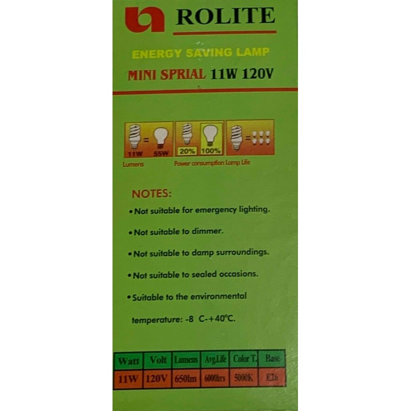Rolite 11W -120V 5000K (Daylight) E26 Base Mini Spiral CFL