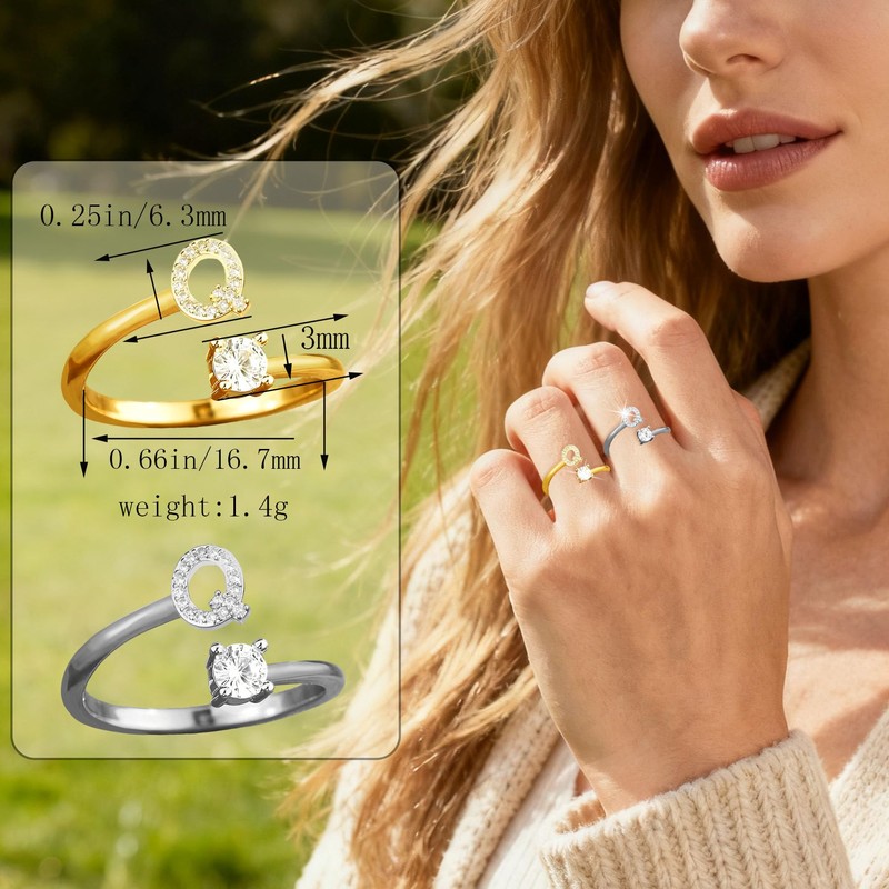 ABJFJE Adjustable Gold Silver Letter Rings for Women Dainty Crystal