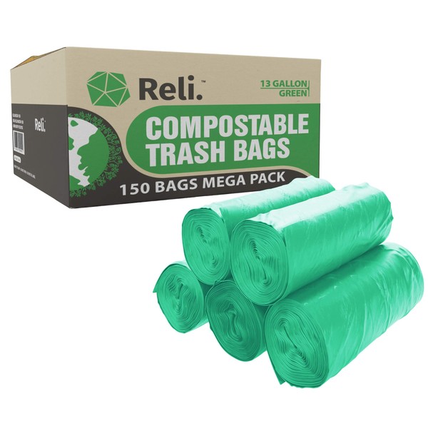 Reli. Compostable 13 Gallon Trash Bags | 150 Count Bulk | ASTM D6400 | Green | Eco-Friendly | For Compost
