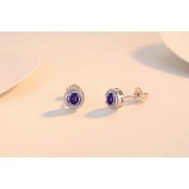 February Birthstone Earrings Amethyst Studs for Women Girls - Presentski Sterling Silver 925 Small Purple Cubic Zirconia Round Shape Simulated Gemstone Birth Stone Stud Earring Hypoallergenic Jewelry