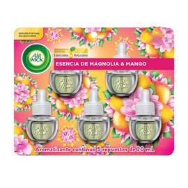 Airwick® Aromatizante de Ambiente Continuo, 5 repuestos, Esencia de Magnolia & Mango 20ml c/u.