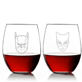 Abby Smith - Bat Man and Cat Woman Stemless 21 oz Wine Glass Set