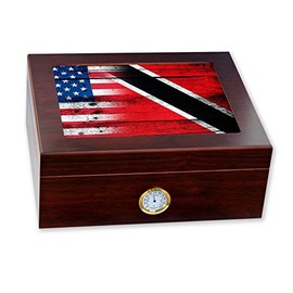 ExpressItBest Premium Desktop Humidor - Glass Top - Flag of Trinidad & Tobago - Wood with USA Flag - Cedar lined with humidifier & front mounted hygrometer.
