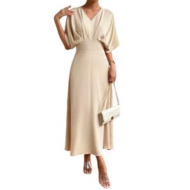 Floerns Women's V Neck Half Sleeve Ruched Cocktail Evening A Line Long Dress Apricot XL