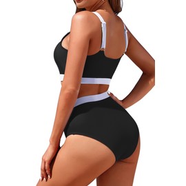 Womens High Waisted Bikini Sets Sporty Crop Top Color Block Swimwear Bandeau Scoop Neck Vintage Two Piece Bathing Suits Black M