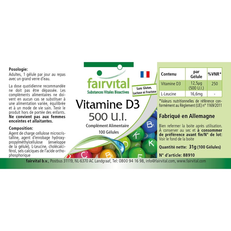 Fairvital Vitamin D3 500 IU Cholecalciferol 100 Capsules