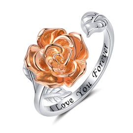 Step Forward Sterling Silver Adjustable Rose Ring for Women, I love You Forever Promise Ring, Wrap Open Daily Rings, Thanksgiving Day Birthday Christmas Valentine's Day Party Gift Jewelry