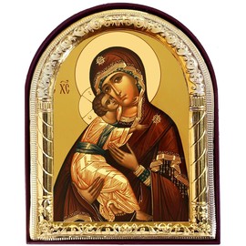 Religious Gifts Catholic Orthodox Russian Icon Virgin of Vladimir Christ Madonna and Child Jesus 4 1/16 Inch, Gold Foil, Arched