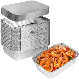 60 PCS Foil Trays with Lid, 20x11x5.5cm Aluminium Foil Pan Foil Food Containers, 60 Pans and 60 Cardboard Covers, Tin Foil Pans for Baking, Meal Prep, Freezer and Takeout