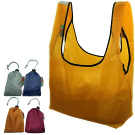 EcoJeannie 4 PK Ripstop Nylon Foldable Reusable Bag Grocery Shopping Bag, built-in Pouch, RBS044 (Gray, Navy, Mustard, Wine)